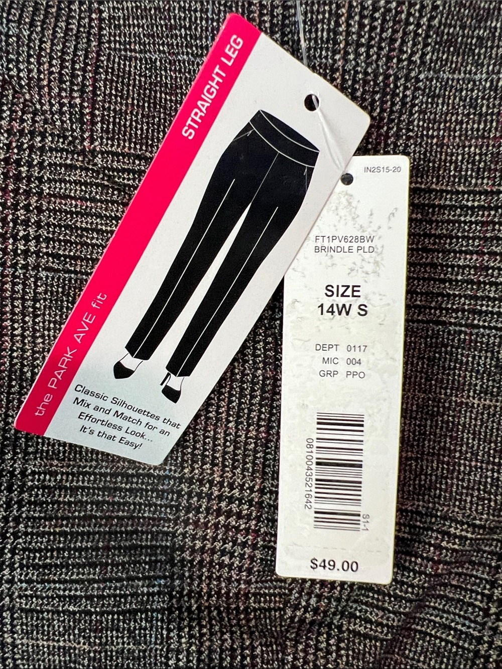 Investments Brindle Plaid Straight Leg Pants — Charcoal with Subtle Pink Accent